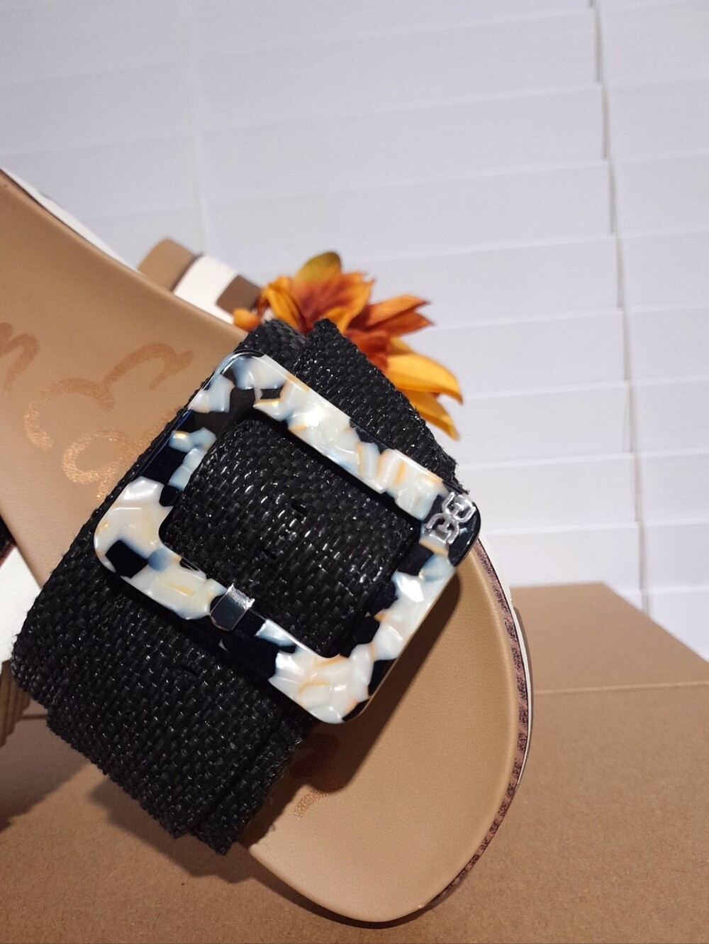 Sam Edelman Ariane Woven Raffia Black Platform Slides with Tortoise Buckle 7